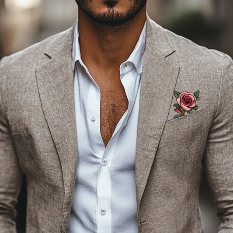 Classic Casual Rose Embroidery Single Breasted Linen Blazer