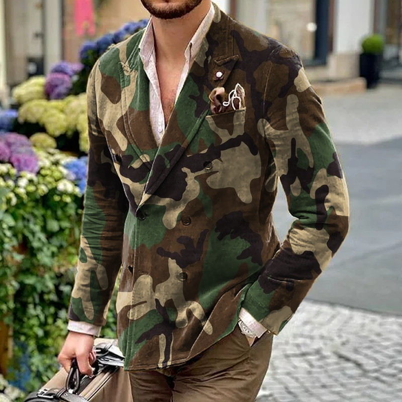 Camo Peak Lapel Double Breasted Casual Blazer