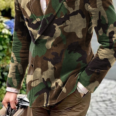 Camo Peak Lapel Double Breasted Casual Blazer