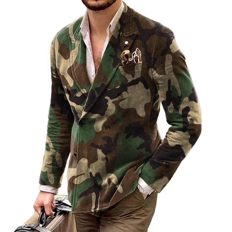 Camo Peak Lapel Double Breasted Casual Blazer