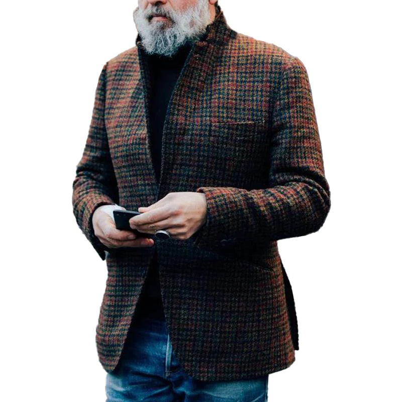 Vintage Plaid Woolen Chest Pocket Lapel Blazer