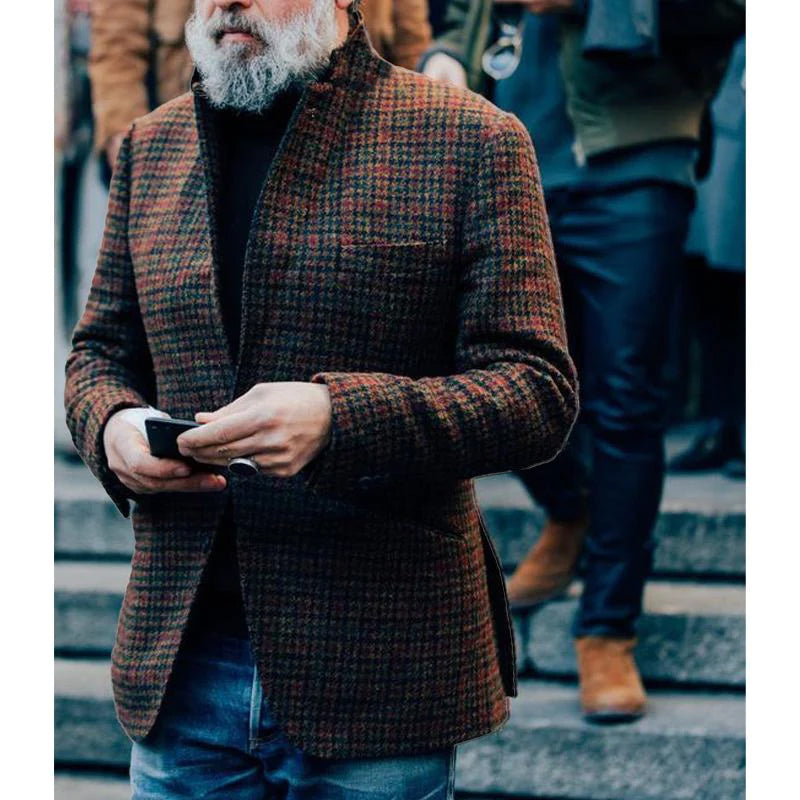 Vintage Plaid Woolen Chest Pocket Lapel Blazer