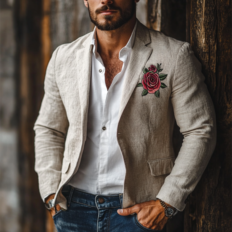 Casual Rose Embroidery Single Breasted Linen Blazer