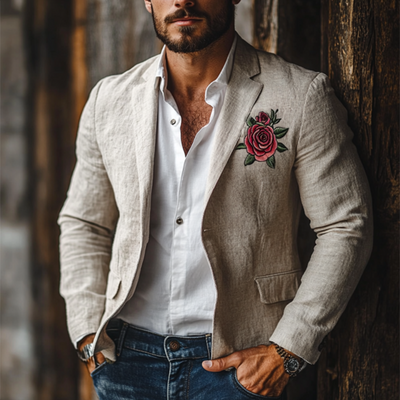 Casual Rose Embroidery Single Breasted Linen Blazer