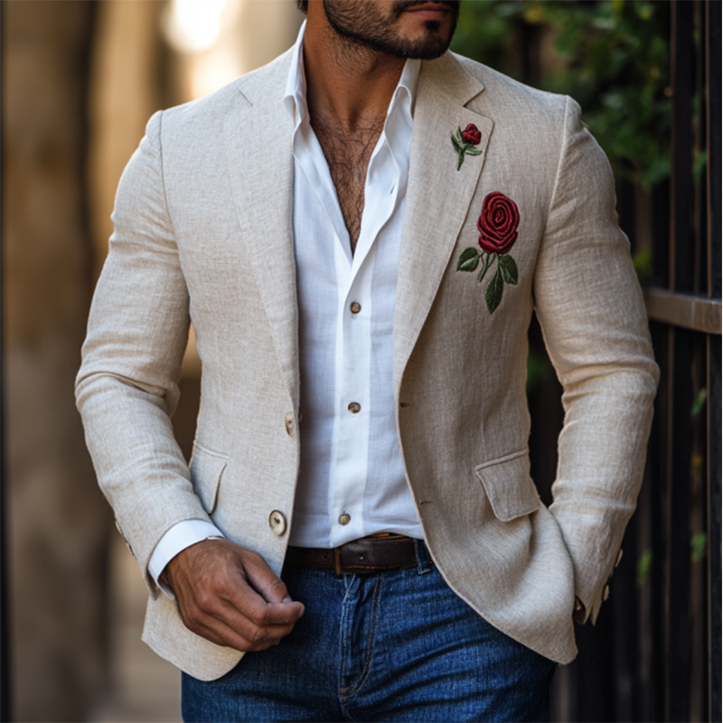 Casual Slim Fit Rose Embroidered Linen Blazer