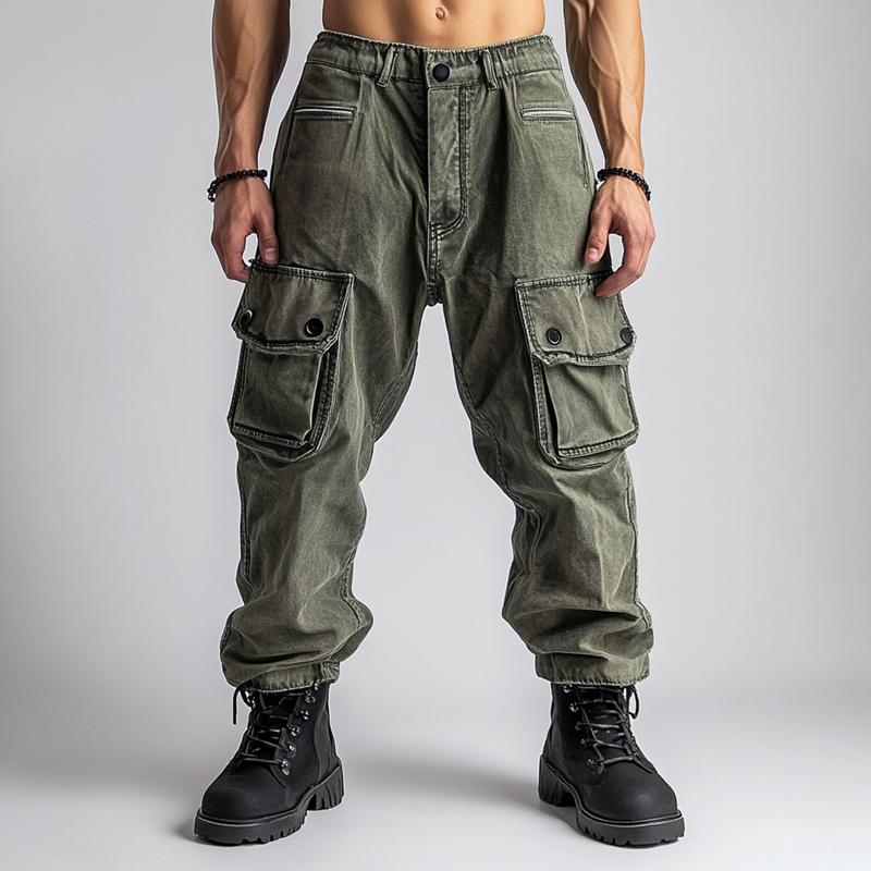 Men's Fashion Distressed Washed Multi-pocket Cargo Pants 68195044Z