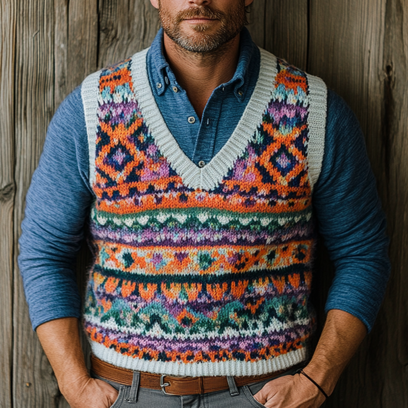 Men's Retro Geometric V-Neck Sleeveless Knit Vest 50318349Z