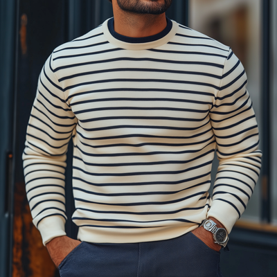 Men's Fashion Striped Round Neck Long Sleeve Knit Sweater 95429757Z
