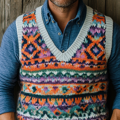 Men's Retro Geometric V-Neck Sleeveless Knit Vest 50318349Z
