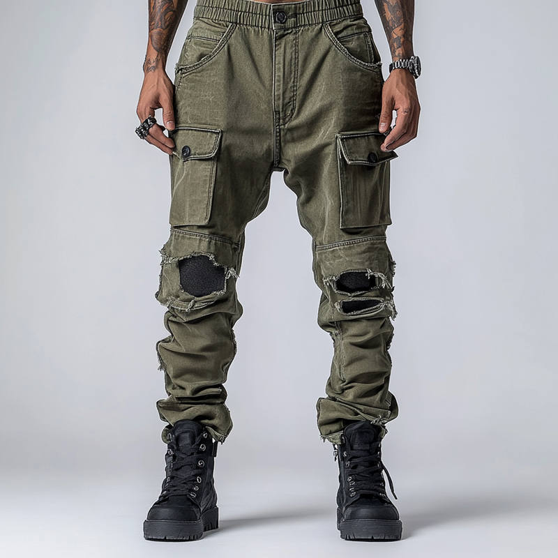 Men's Fashion Distressed Holes Patch Multi-pocket Cargo Pants 48413906Z
