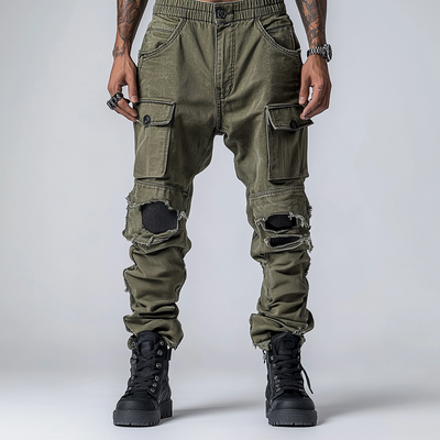 Men's Fashion Distressed Holes Patch Multi-pocket Cargo Pants 48413906Z