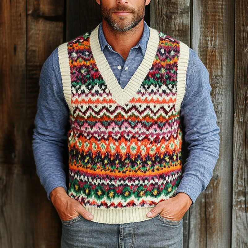 Men's Retro Geometric V-Neck Sleeveless Knit Vest 81075474Z