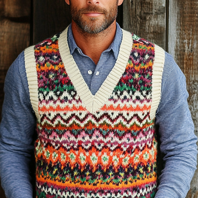 Men's Retro Geometric V-Neck Sleeveless Knit Vest 81075474Z