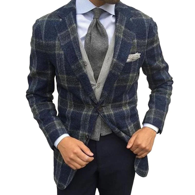 Classic Plaid Wool Blended Notched Lapel Single Breasted Patch Pocket Blazer