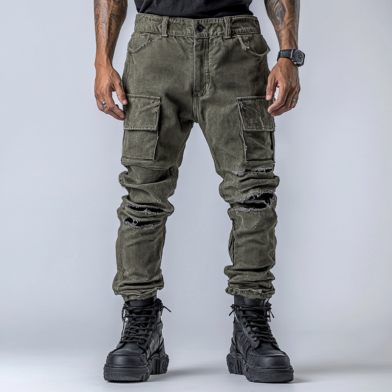 Men's Fashion Distressed Holes Patch Multi-pocket Cargo Pants 67017390Z