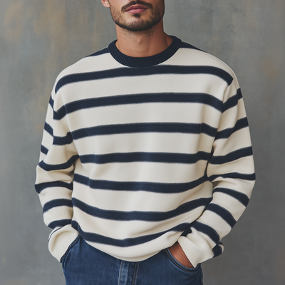 Men's Fashion Striped Round Neck Long Sleeve Knit Sweater 37722392Z