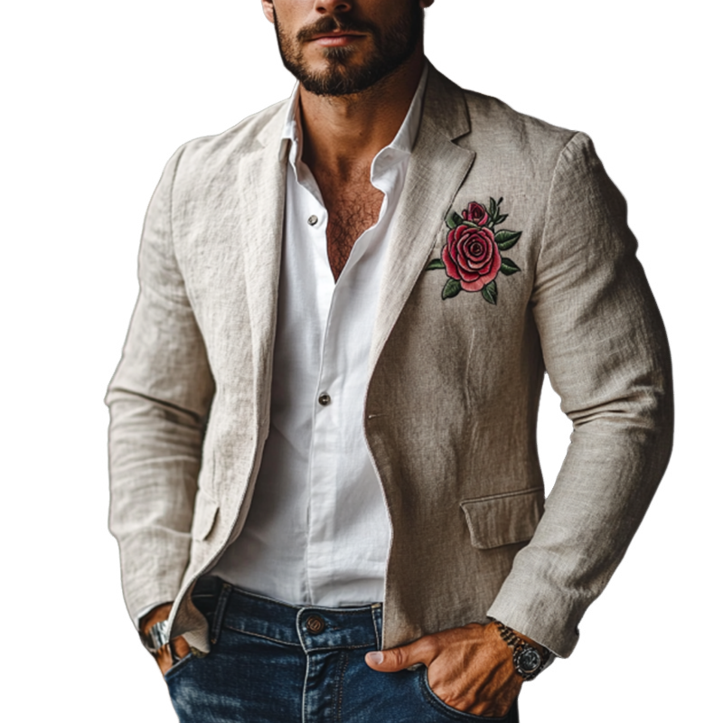 Casual Rose Embroidery Single Breasted Linen Blazer