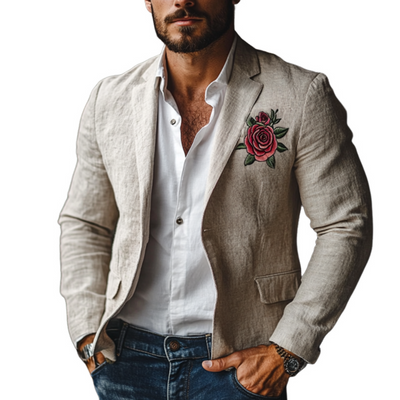 Casual Rose Embroidery Single Breasted Linen Blazer