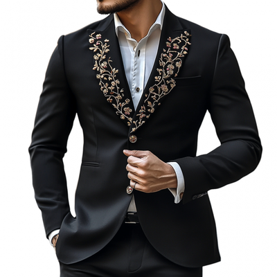 Vintage Peaked Lapel Embroidered Single Breasted Slim Fit Blazer