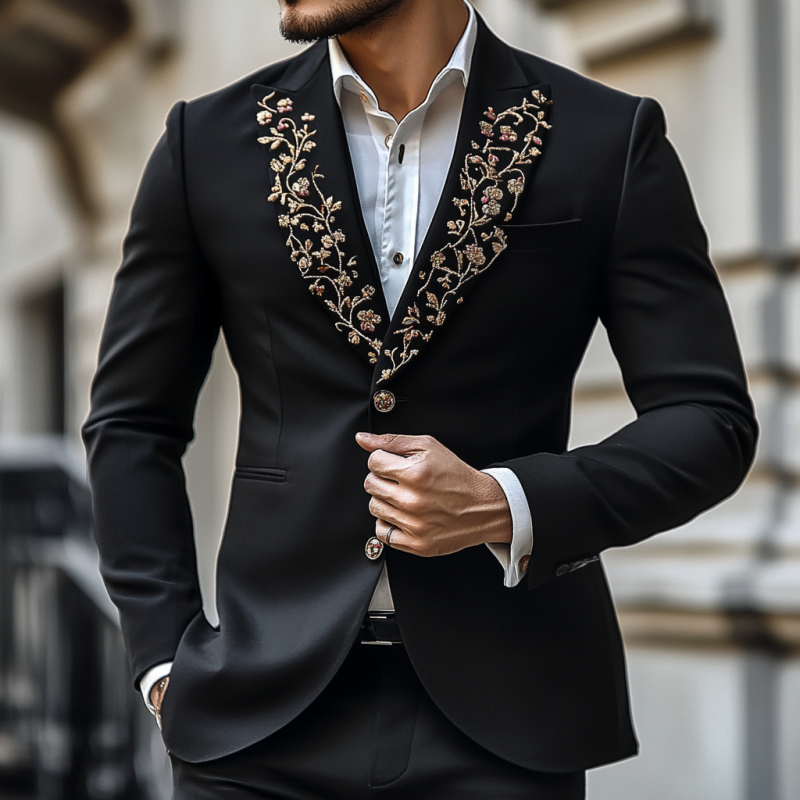 Vintage Peaked Lapel Embroidered Single Breasted Slim Fit Blazer