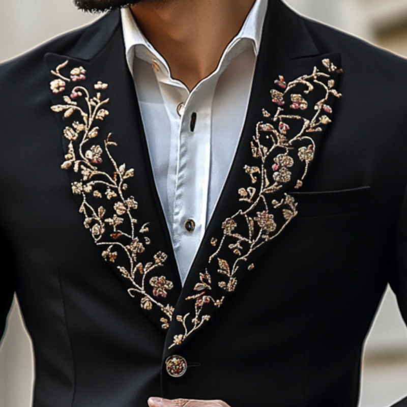 Vintage Peaked Lapel Embroidered Single Breasted Slim Fit Blazer