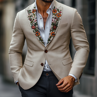 Vintage Peaked Lapel Embroidered Single Breasted Slim Fit Blazer
