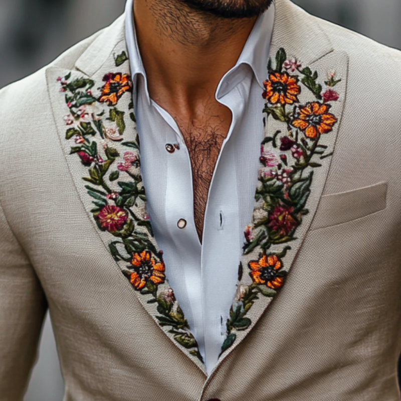 Vintage Peaked Lapel Embroidered Single Breasted Slim Fit Blazer