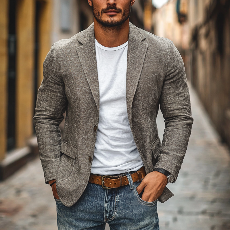 Casual Cotton Linen Notch Lapel Single-breasted Slim-fit Blazer