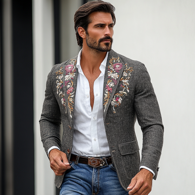 Vintage Classic Slim Fit Rose Embroidered Linen Blazer