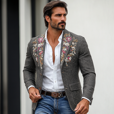 Vintage Classic Slim Fit Rose Embroidered Linen Blazer