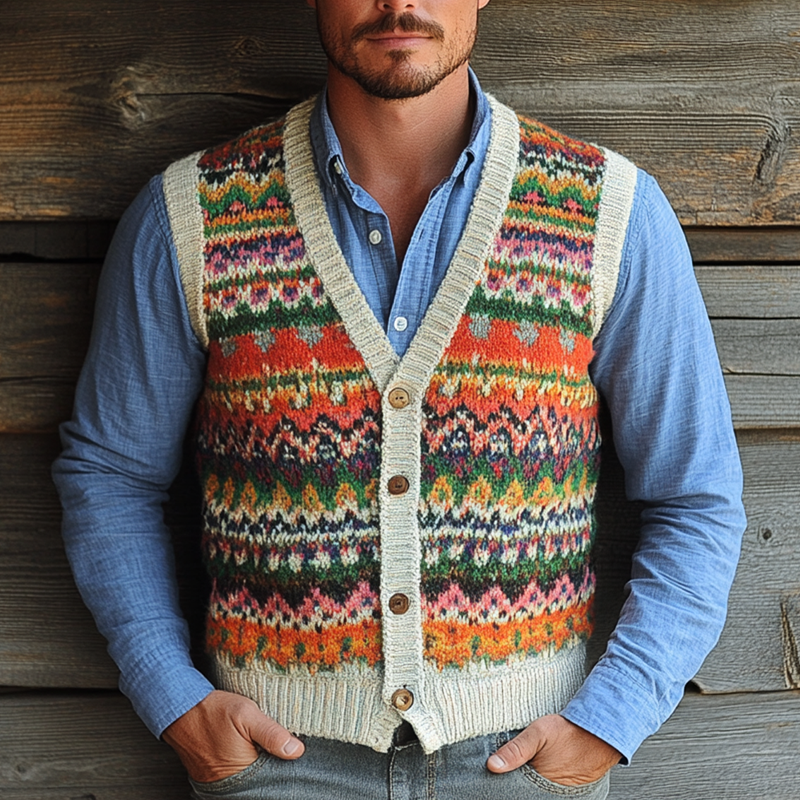Men's Retro Geometric V-Neck Sleeveless Knit Vest 21243386Z