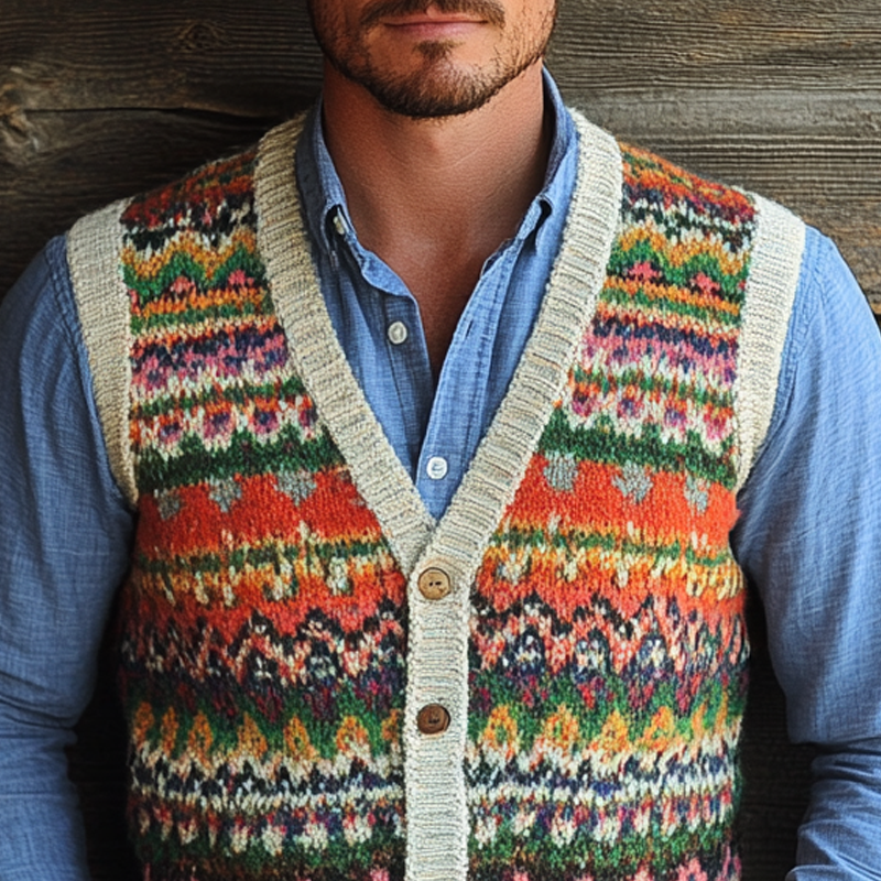 Men's Retro Geometric V-Neck Sleeveless Knit Vest 21243386Z