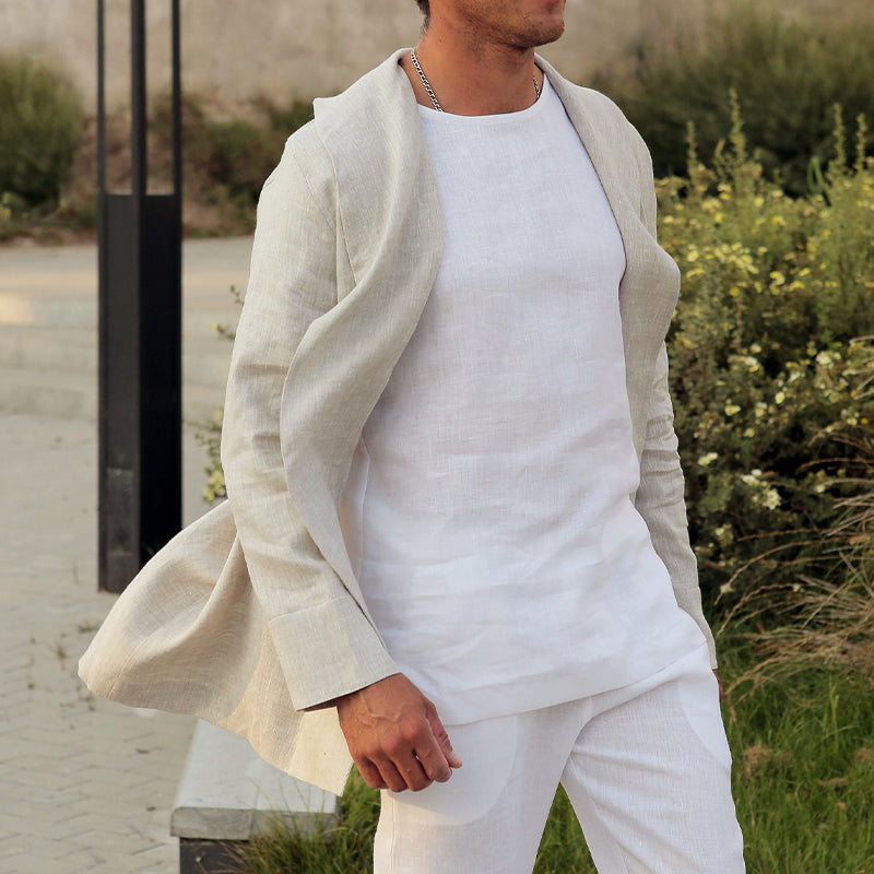 Men's Casual Cotton and Linen Solid Color Cardigan 25714553X