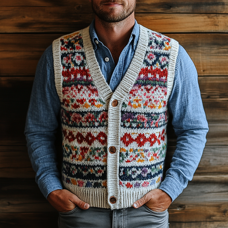 Men's Retro Geometric V-Neck Sleeveless Knit Vest 50287631Z