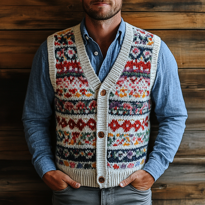 Men's Retro Geometric V-Neck Sleeveless Knit Vest 50287631Z