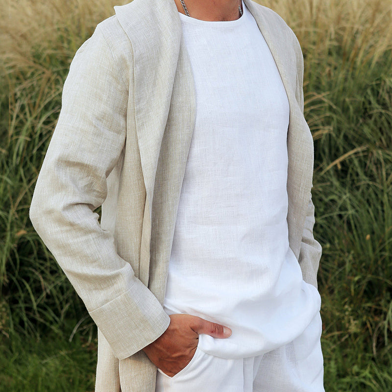 Men's Casual Cotton and Linen Solid Color Cardigan 25714553X