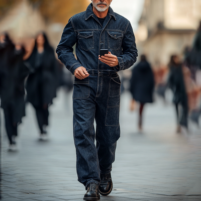Men's Fashion Denim Long Sleeve Multi-pocket Cargo Jumpsuit 94892027Z