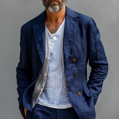 Solid Cotton And Linen Notch Lapel Double Breasted Casual Blazer