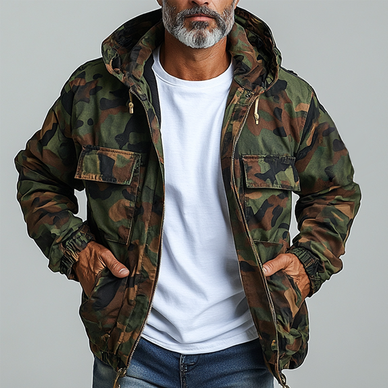 Men's Camouflage Hooded Multi-pocket Zip Cargo Jacket