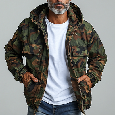Men's Camouflage Hooded Multi-pocket Zip Cargo Jacket