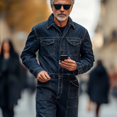 Men's Fashion Denim Long Sleeve Multi-pocket Cargo Jumpsuit 94892027Z