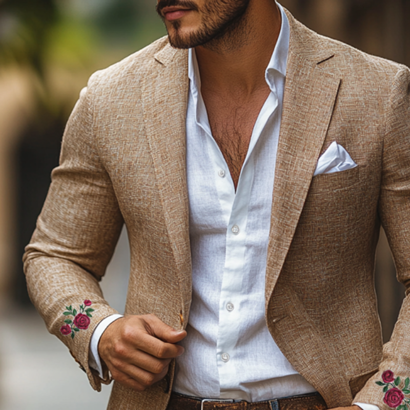 Casual Cuff Rose Embroidery Single-breasted Linen Blazer