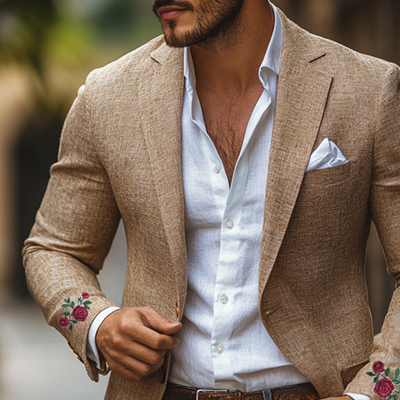 Casual Cuff Rose Embroidery Single-breasted Linen Blazer