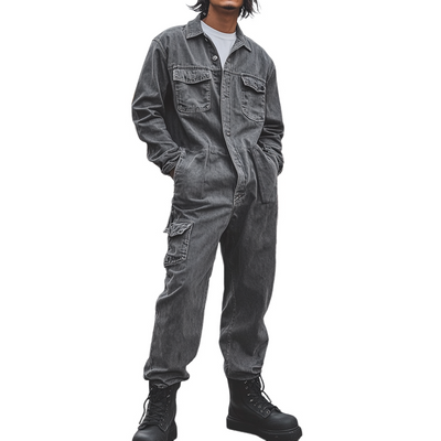 Men's Fashion Denim Long Sleeve Multi-pocket Cargo Jumpsuit 05946628Z