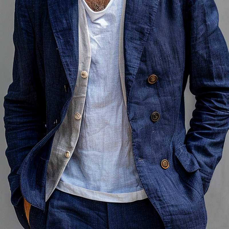 Solid Cotton And Linen Notch Lapel Double Breasted Casual Blazer