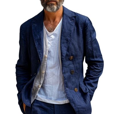 Solid Cotton And Linen Notch Lapel Double Breasted Casual Blazer