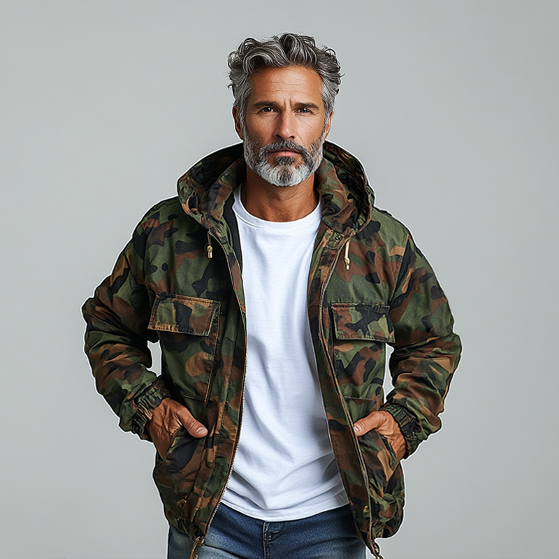 Men's Camouflage Hooded Multi-pocket Zip Cargo Jacket