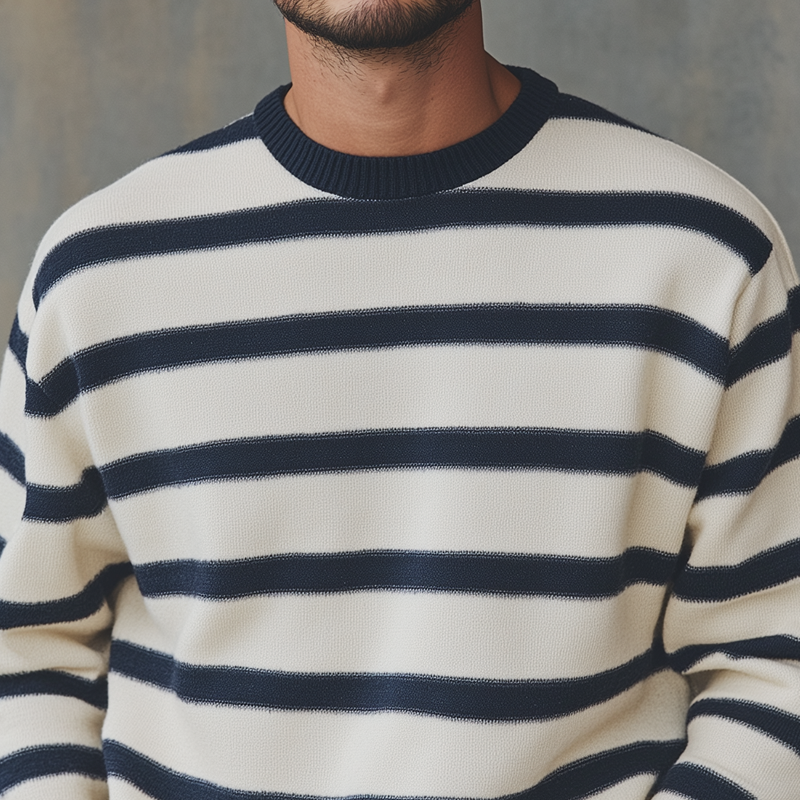 Men's Fashion Striped Round Neck Long Sleeve Knit Sweater 37722392Z