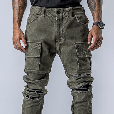 Men's Fashion Distressed Holes Patch Multi-pocket Cargo Pants 67017390Z