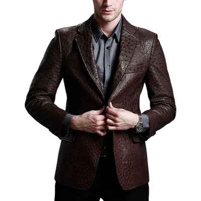 Classic Vintage Textured Leather Single Breasted Blazer